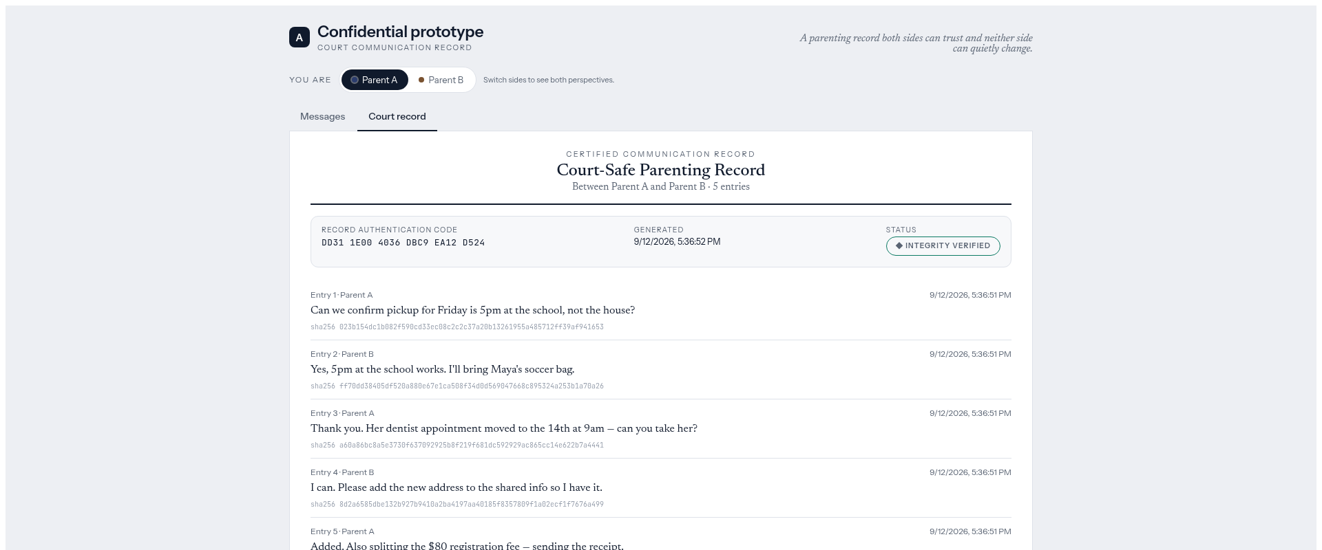 Certified communication record — authentication code, hashes, and integrity status