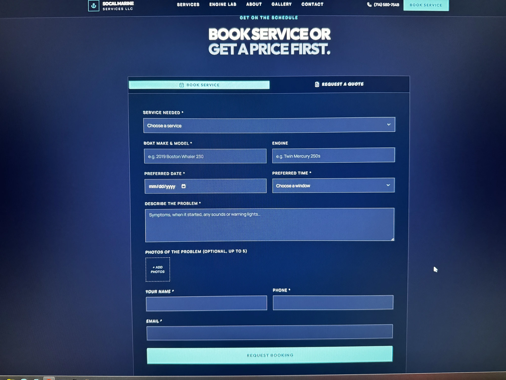 Book service or get a price first — one flow, photo upload included